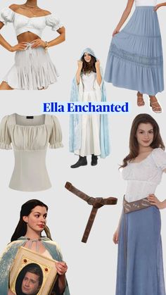 several different pictures of women in costumes and clothes with words that read, ella enchanted