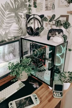 a desk with two computer monitors, keyboard and mouse on it next to a plant