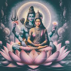 there is a painting of a man and woman sitting on a lotus in the water