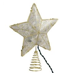 a white and gold christmas star decoration hanging from a wire with spirals on it