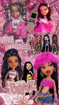 barbie dolls with pink hair and glitters on their faces, in front of a pink background