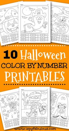 halloween color by number printables for kids with the title, 10 halloween color by number