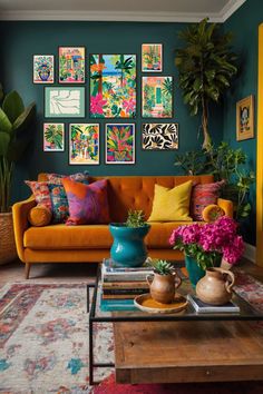 a living room filled with lots of colorful furniture and pictures on the wall above it