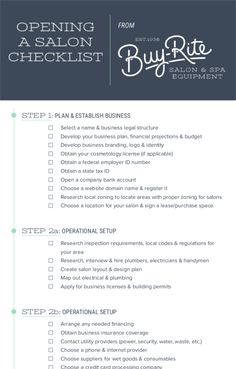 an open salon checklist with the words, step 1 plan and business items on it