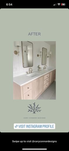 the before and after photo of a bathroom vanity with two sinks, mirrors and lights