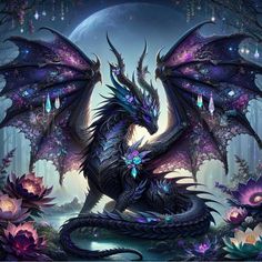 a black dragon sitting on top of a lush green field next to purple and blue flowers