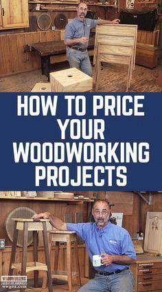 a man sitting on top of a wooden chair in a room filled with woodworking projects