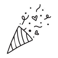 a black and white drawing of a party hat with confetti on it's side