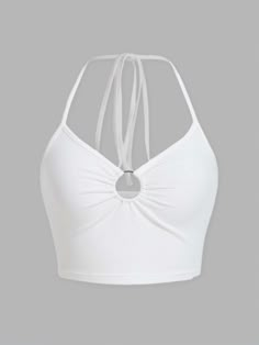 White Casual Collar  Knitted Fabric Plain Halter Embellished Slight Stretch Summer Women Tops, Blouses & Tee Teen Spring Outfits, Tie Backless Halter Top, White Halter Crop Top, White Tank Top Women