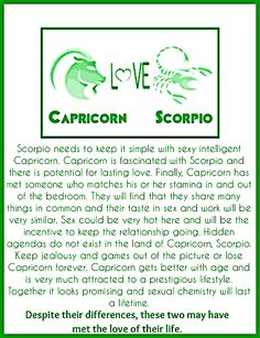 the caption for capricon love scorpio is shown in green and white