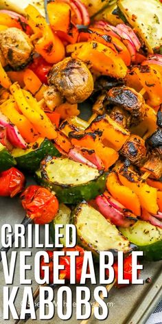 grilled veggie kabobs on a grill with text overlay