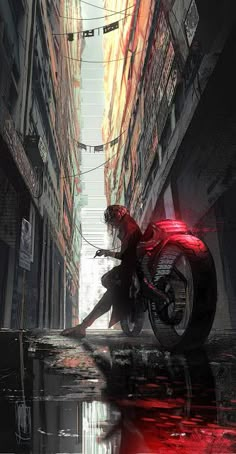 a man riding a motorcycle down a street next to tall buildings with red lights on them