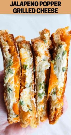 there are four pieces of bread that have cheese on them and the words jalapeno popper grilled cheese