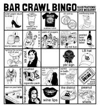 a black and white image of a game board with words that read bar crawl bingo