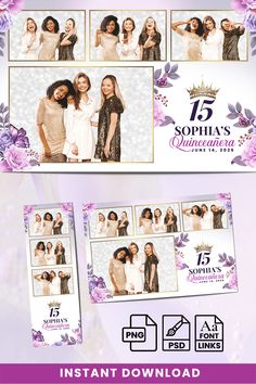 the wedding photo booth is displayed with purple flowers and white roses on it, as well as