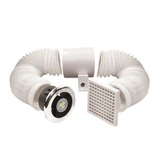 an image of a white shower head and ventilator set up on a white background