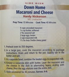 a recipe book with instructions on how to make macaroni and cheese