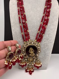 Moissanite Victoraian Ganesha Lakshmi Devi Monalisa Beads Necklace - Red Red Beads Necklace, Beads Collection, Red Beaded Necklaces, Beautiful Chokers