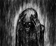 a black and white drawing of a woman with long hair in the rain holding her hands up to her face