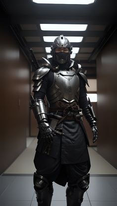 a man dressed in armor and holding two swords is walking down the hall with his hands on his hips