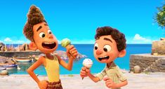 two cartoon characters eating ice cream on the beach