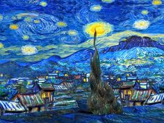 the starry night painting shows houses and mountains in the foreground, with an orange light at the top