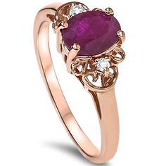 This women's ring features a genuine oval ruby and two round cut diamonds all set in rose gold. Amethyst And Diamond Ring, Ruby Diamond Rings, Gold G, Rose Gold Diamond Ring, Jewelry Hand, Diamond Ring Settings, Filigree Ring, Halo Diamond Ring, Pompeii