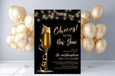 a black and gold new year's eve party with champagne glasses, balloons and streamers