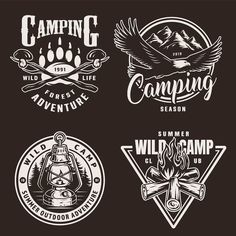 four different logos for camping and adventure related items, including an eagle, tent, camp fire