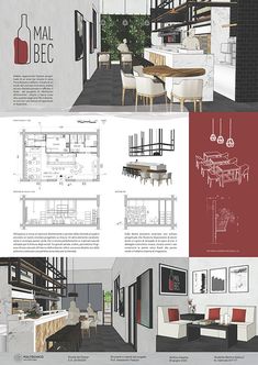 an architectural rendering of a dining room and living room in a modern style with red accents