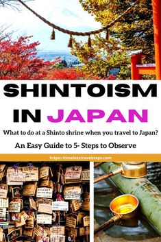 the cover of shintoism in japan with pictures of trees and mountains behind it