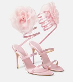 Flower Heels, Satin Sandals, Floral Sandals, Organza Flowers, Magda Butrym, Bridesmaid Shoes, Pink Heels, Sandals Brands, Floral Applique