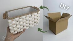 an open cardboard box and a hand holding a woven basket with the lid closed to show how it's made