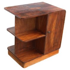 a wooden shelf with two shelves on each side