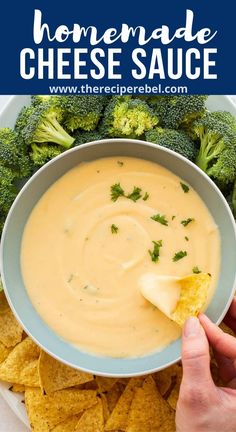 homemade cheese sauce in a bowl with tortilla chips and broccoli