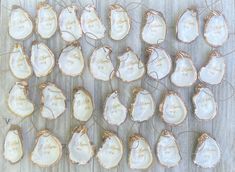 several pieces of oysters with writing on them sitting on a wooden table next to string