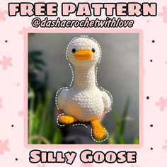 a knitted white duck sitting on top of a pink frame with the words, free pattern and instructions below