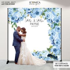 a wedding photo with blue flowers on it