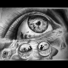 a pencil drawing of an eye with the words, i love you and two people on it