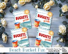 three buckets of fun printable bookmarks with roses on the table behind them