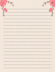 an empty lined paper with pink flowers on it