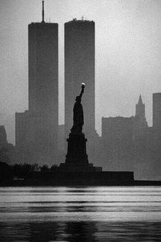 the statue of liberty is silhouetted against the skyline in new york city, ny