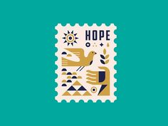 a stamp with the words hope on it and a bird flying over it, against a green background