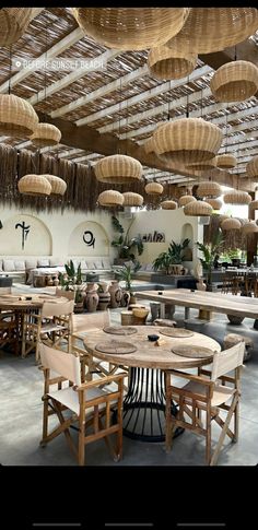 an image of a restaurant setting with many tables and chairs in the middle of it