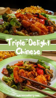 two plates filled with food and chopsticks on top of each plate, next to the words triple delight chinese