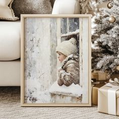 a painting of a young boy looking out the window in front of a christmas tree