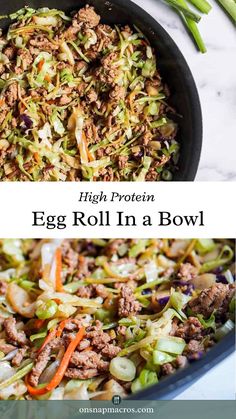 an egg roll in a bowl is shown with the title above it, and there are two