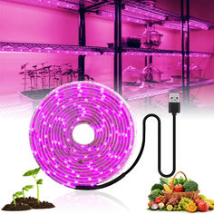 purple led grow light with plants in the background and an image of a plant growing out of