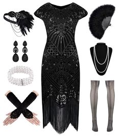 PRICES MAY VARY. Package Included-1 x flapper dress, 1x lace fan, 1 x long satin gloves,1 xfeather headband, 1 x pearl necklace, 1 x earrings, 1 x pearl bracelet, 1 x fishnet stockings High Quality Material-The flapper dress 1920s made of polyester fabric and soft fringe, beads & sequins, is the epitome of grace. Back concealed zipper, easy to use. The satin gloves material is soft and smooth that it feels very comfortable to wear Retro Exquisite Accessories-Eye-catching lace folding fan is the Roaring 20s Fashion Women, 20s Accessories, Long Satin Gloves, Flapper Dress 1920s, 20s Costume, Feather Accessories, Roaring 20s Fashion, Flapper Dresses, 1920s Dresses