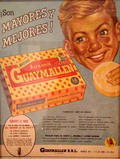 an advertisement for gummy allen with a smiling boy holding a doughnut in his hand